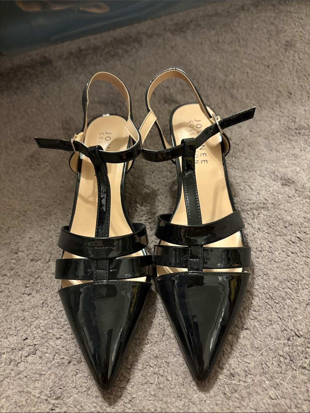 Journee Collection Black Patent Pointed T-Strap Slingback Heels